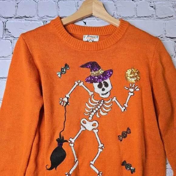 Halloween Poof Skeleton Witch Sequin Long Sleeve Crew Neck Knit Sweater Small - Picture 2 of 10
